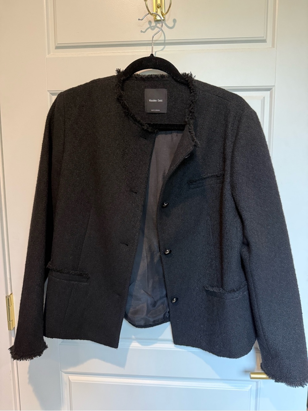 NWOT Massimo Dutti Black Bouclé Collarless Jacket with Frayed Trim